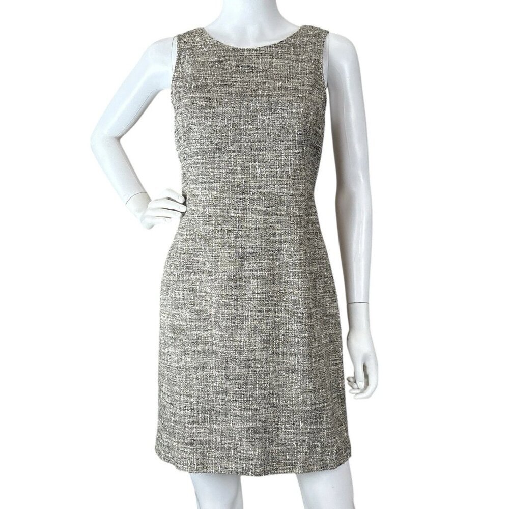 Theory Tweed Boucle Knit Career Cocktail Dress Taupe Beige Gray Ivory Size 8